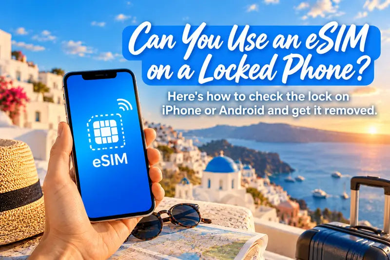 Hand holding a phone showing an eSIM icon, with white houses and the sea of Santorini behind it
